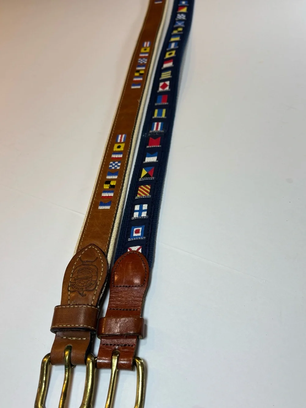 Men's Nautical Embroidered Flag Belt - Brown & Navy